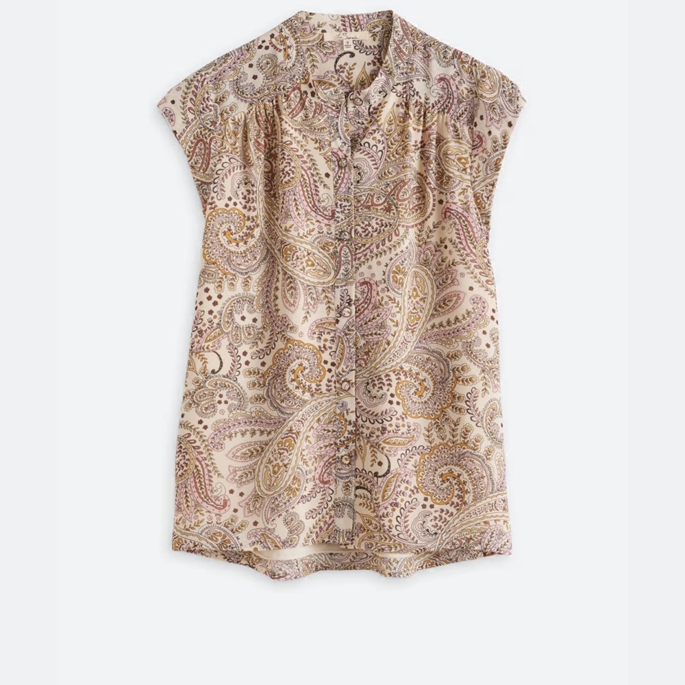 Tan and Cream Cap Sleeve Embellished Blouse‎ with Mandarin Collar